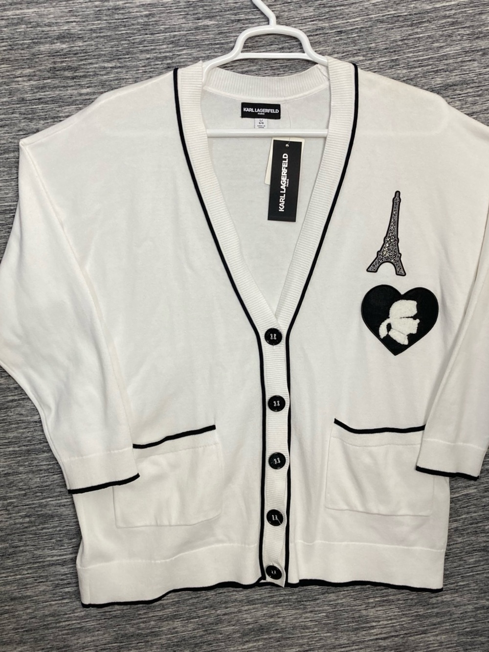 Karl Lagerfeld White-ish Cardigan with Black Trim and Paris Patch